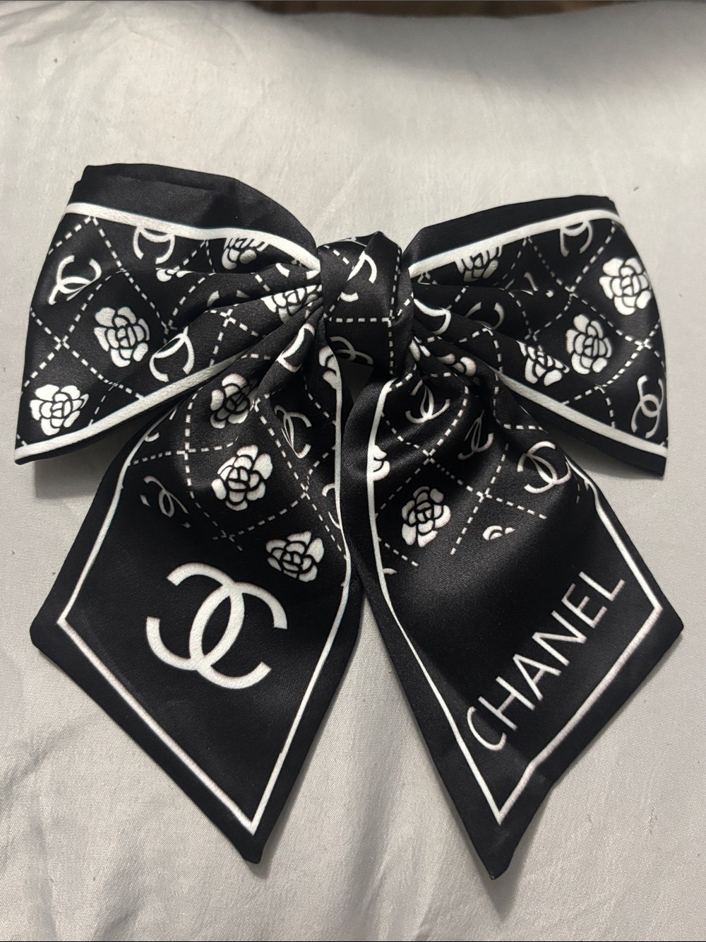 CHANEL Black & White Camellia Logo Bow Hair Bow